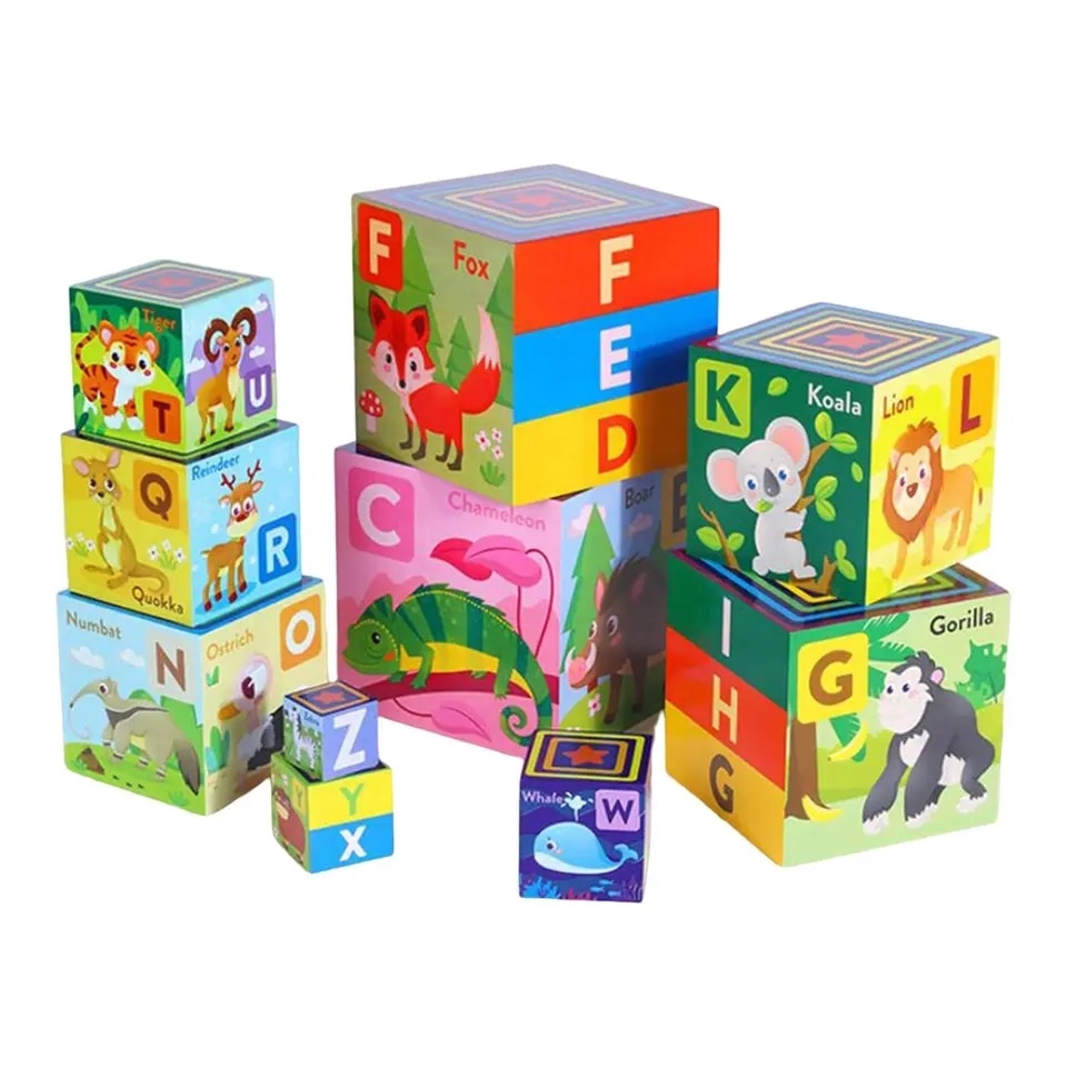 Turn Montessori din lemn 10 cuburi Alfabet si Animale, multicolor ...