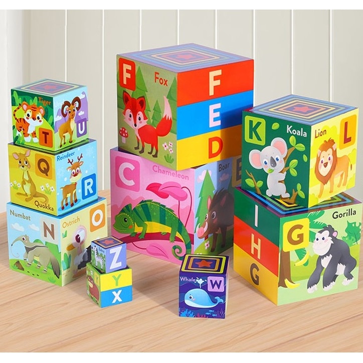 Turn Montessori din lemn 10 cuburi Alfabet si Animale, multicolor ...