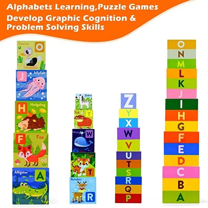 Turn Montessori din lemn 10 cuburi Alfabet si Animale, multicolor ...