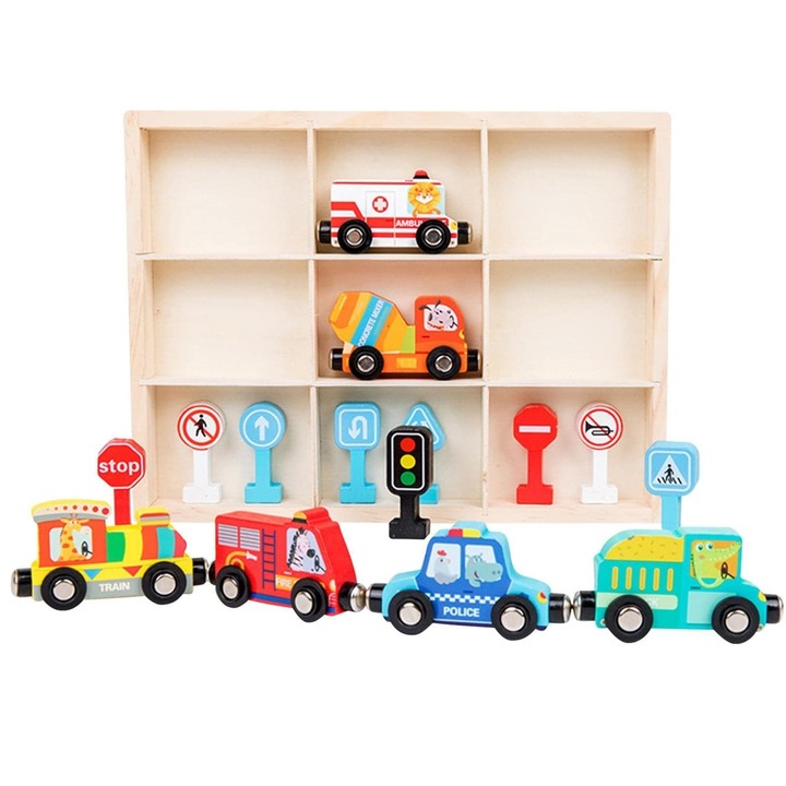 Дървено влакче с магнитни вагони, превозни средства и пътни знаци, многоцветно, Toyska®