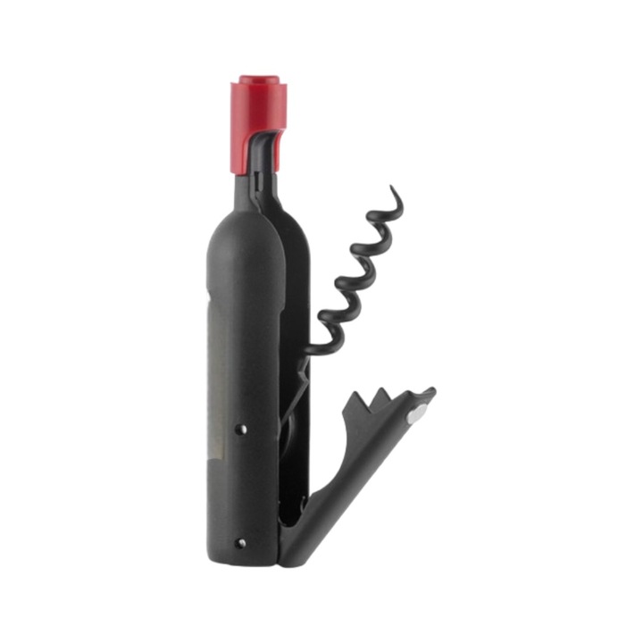 Tirbuson cu 2 functii pentru deschidere sticla de vin si bere, plastic, dimensiune 12 cm, portabil si magnetic pentru frigider, culoare negru