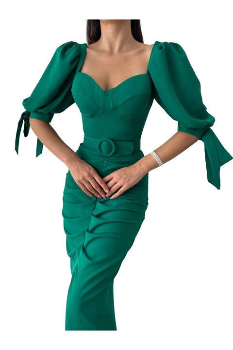Дамска рокля с три четвърти ръкав и колан, зелена, Зелен