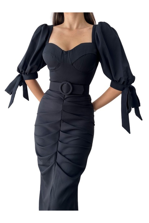 Дамска рокля с три четвърти ръкав и колан, Черен