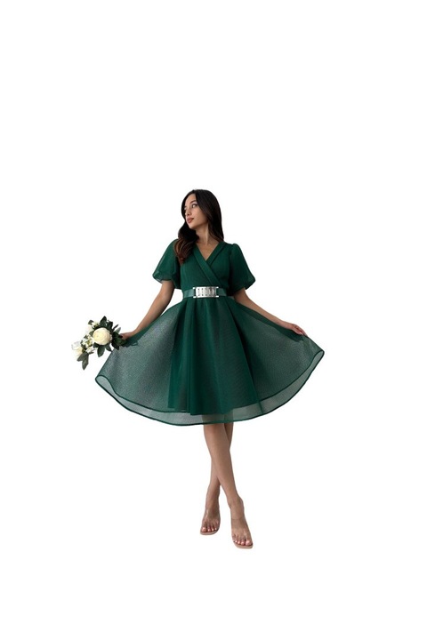 Дамска миди рокля с аксесоар колан, зелена, Зелен