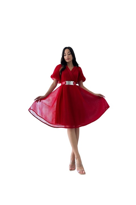 Дамска миди рокля с аксесоар колан, червена, Червен