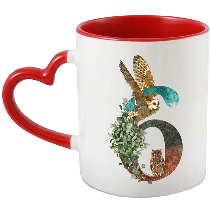 Cana Cu Cifra, 6, Bufnite, Frunze, Natura, Multicolor 330 ml, Ceramica cu Maner Inima Rosie