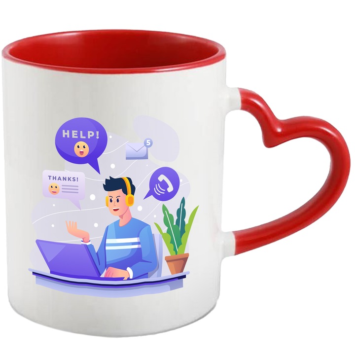 Cana Cu Suport Tehnic, Laptop, Telefon, Casti, Multicolor 330 ml, Ceramica cu Maner Inima Rosie
