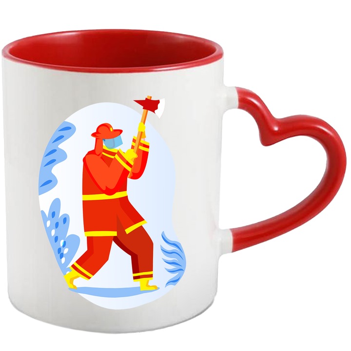 Cana Cu Topor, Pompier, Casca, Multicolor 330 ml, Ceramica cu Maner Inima Rosie