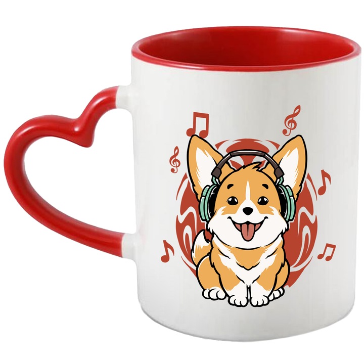 Cana Cu Corgi, Caine, Muzica, Casti, Multicolor 330 ml, Ceramica cu Maner Inima Rosie
