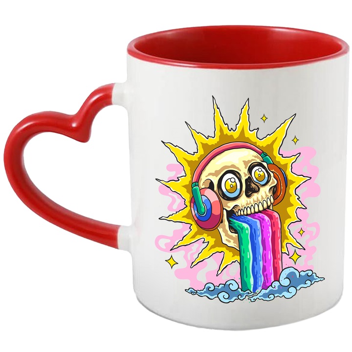 Cana Cu Craniu, Casti, Curcubeu, Soare, Multicolor 330 ml, Ceramica cu Maner Inima Rosie