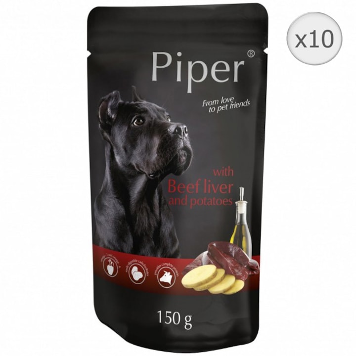 Hrana umeda pentru caini Piper, Ficat de Vita si Cartofi, 10 x 150 g
