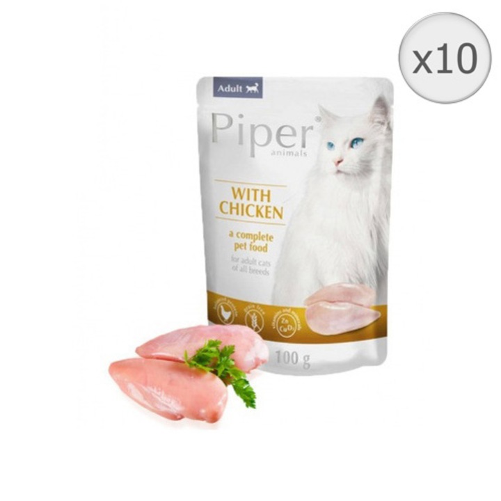 Hrana umeda pentru pisici Piper, Pui, 10 x 100 g