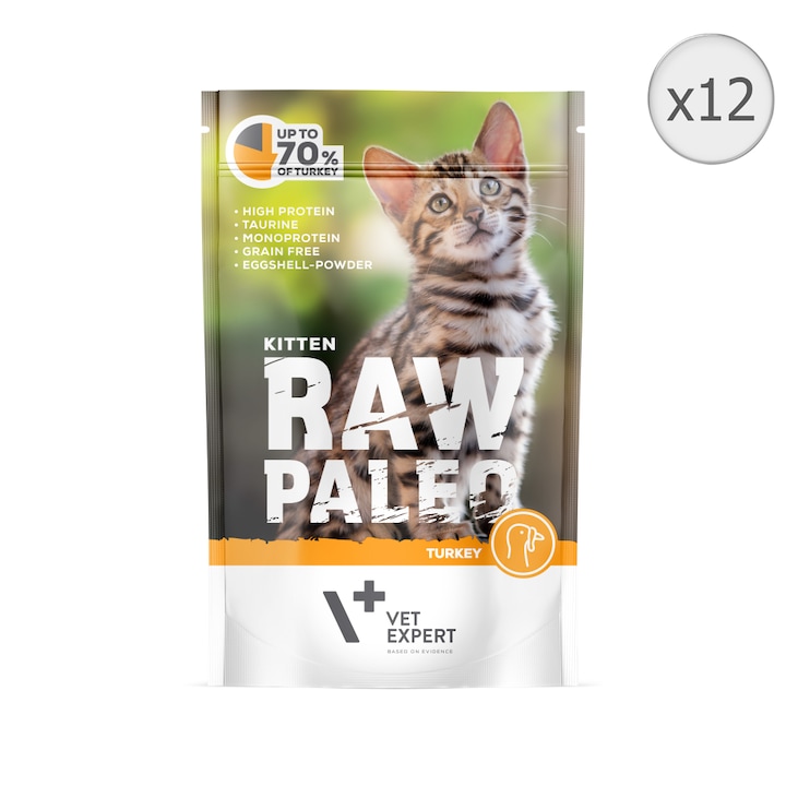Hrana umeda pentru pisici Raw Paleo, Junior, Curcan, 12 x 100 g