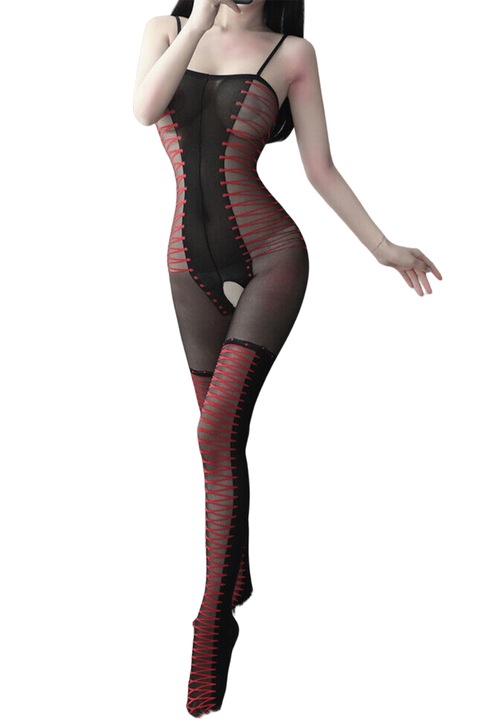 Lenjerie sexy dama, body tip salopeta intreaga, bretele subtiri si crapatura inghinala, model imitatie corset, EFAYN, Rosu/Negru, One Size