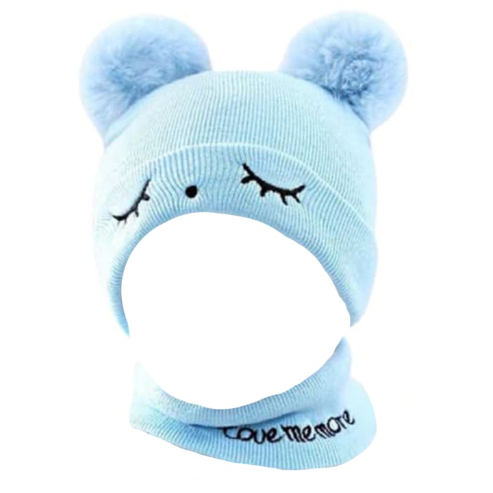 Set caciula iarna cu fular pentru copii, model cu urechi pom pom pufoase si sprancene, tematica love me more, marime universala, albastru deschis, EFAYN