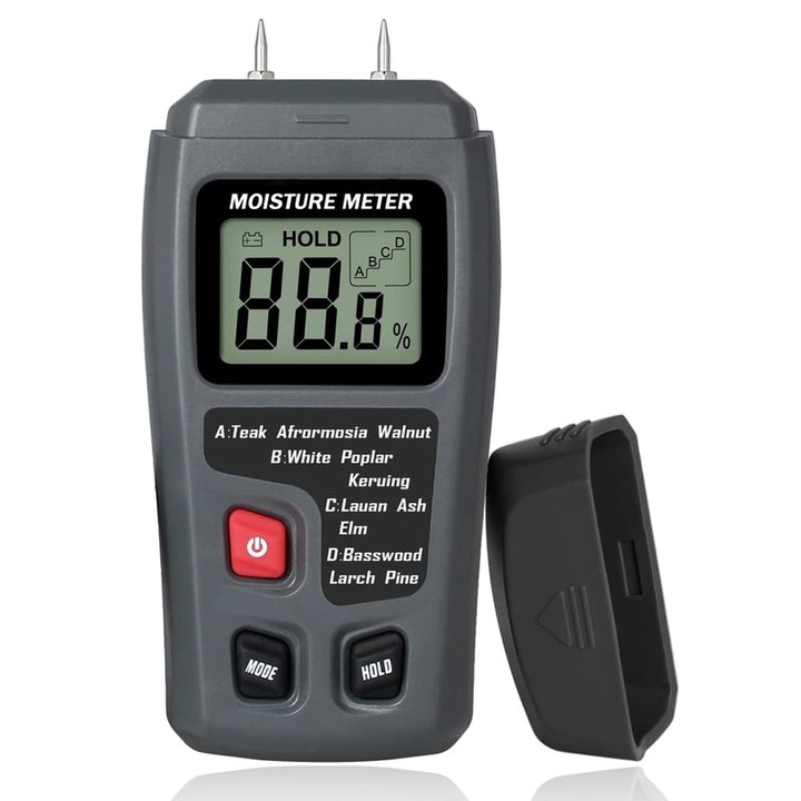 Contor digital de umiditate pentru lemn, Cafuneplus®, Umidometru profesional pentru detectarea gradului de umiditate al lemnului, Afisaj LCD, 2 pini de precizie inalta, ABS, 60 x 180mm, 129g, Alimentare pe baterii AAA, Portocale/Negru