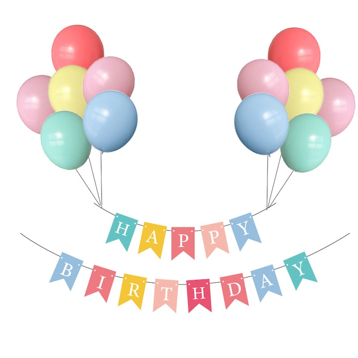 Комплект от 12 балона, банер Честит рожден ден, Cafuneplus®, 12 x 17 см, 12 инча, макарон