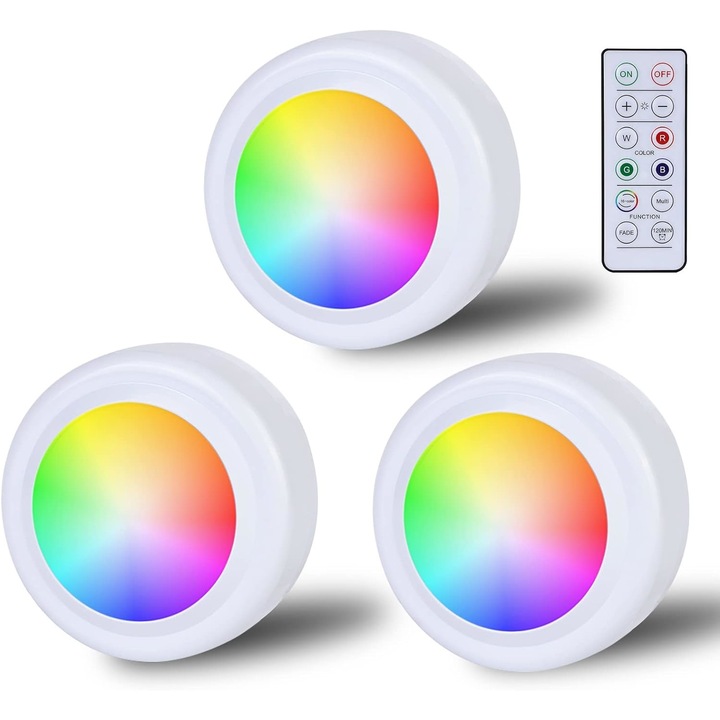 Set 3 spoturi LED RGB cu 1 telecomanda, Cafuneplus®, 16 culoare, 2 metoda control, design modern fara fir, usor de instalat, potrivit pentru dulapuri, bucatarii, dormitoare, rafturi de carti