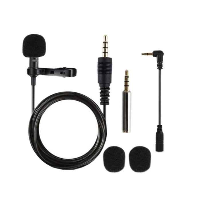 Microfon lavaliera, Cafuneplus®, Reducerea Zgomotului, jack 3.5 mm, cablu 1.5 m, Negru