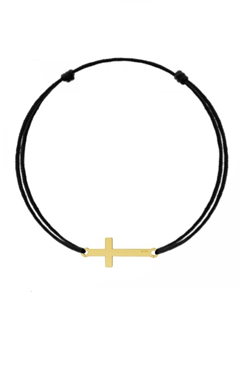 Bratara din snur negru Cross cu pandantiv din argint 925 in forma de cruce placat cu aur 14k, lungime ajustabila