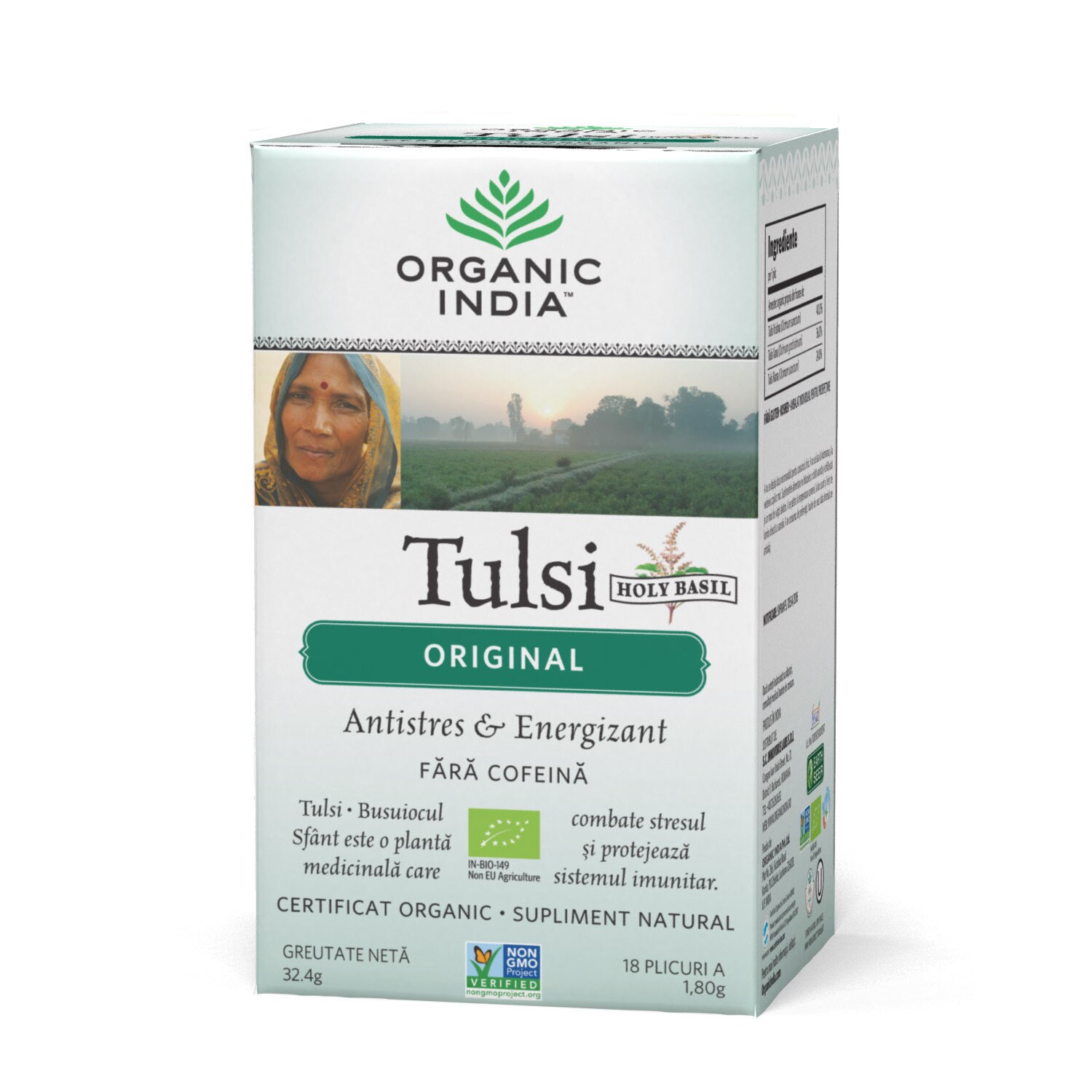 Ceai ORGANIC INDIA Tulsi (Busuioc Sfant) Original, Antistres Natural & Energizant - 100% Certificat Organic, Fara cofeina,18 Plicuri, BIO