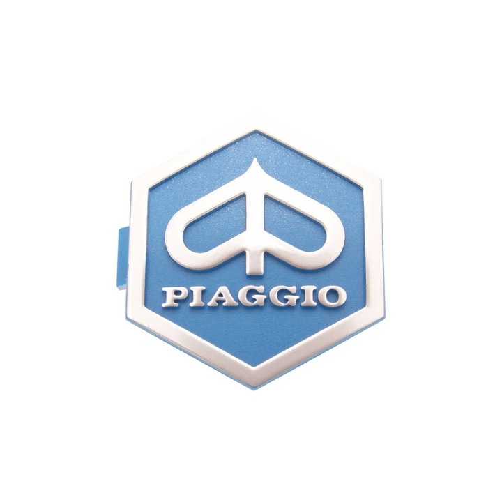 Piaggio 3D hatszögletű bedugós, kék/ezüst embléma 32x37mm 36364