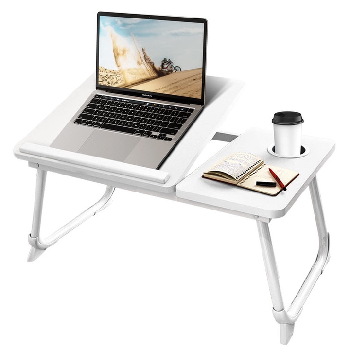 Регулируема маса за лаптоп, WALALLA, Регулиране с пет предавки, сгъваема, с поставка за чаша, противоплъзгаща лента, 55x32x25 см, Бяла