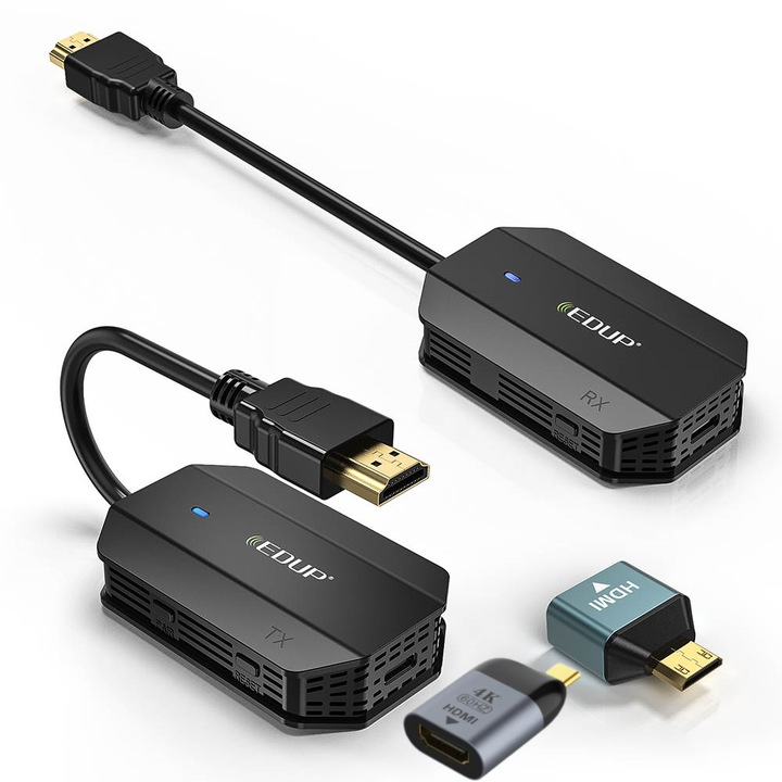 Kit TX/RX HDMI de oglindire a ecranului EDUP, 1080P 60Hz, Wireless 30 m, frecventa 5 GHz, Plug and Play, pentru streaming audio/video de la laptop, camera foto, telefon catre TV, monitor, proiector, negru