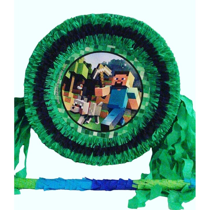 Pinata petreceri tambur minecraft 35 cm diametru, bata, confetti si 12 suflatori