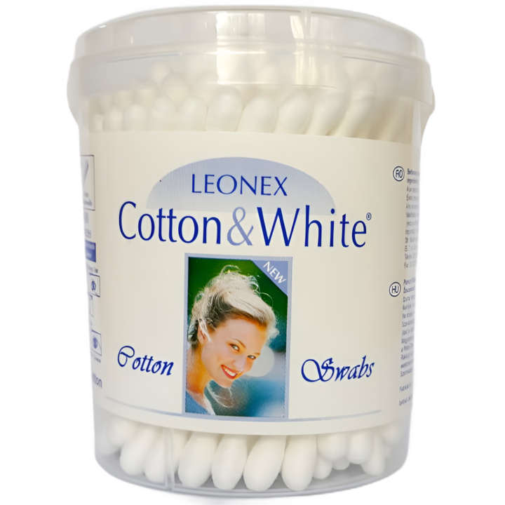 Betisoare igienice pentru urechi, din bumbac natural, cu betisor din hartie, Cotton&White, cutie cu capac, 100 bucati, Leonex