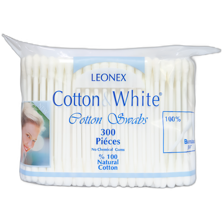 Betisoare igienice pentru urechi, din bumbac natural, cu betisor din hartie, Cotton&White, folie cu fermoar, 300 bucati, Leonex