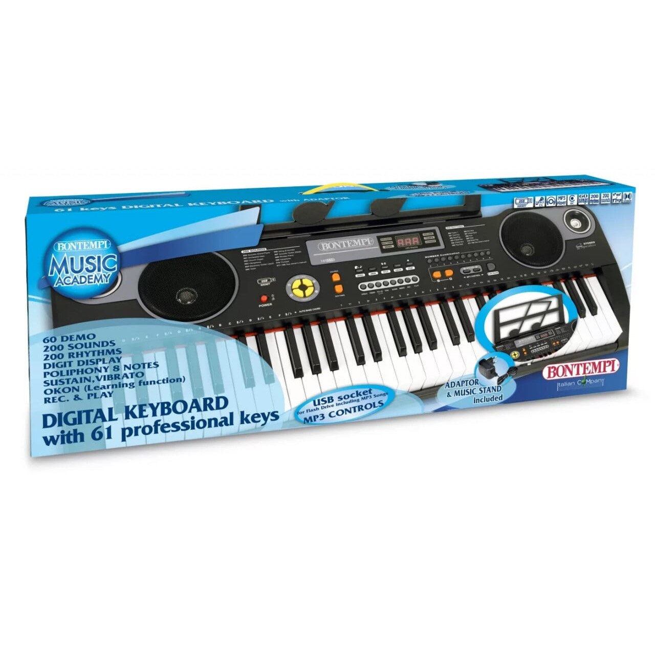 Bontempi Clavier 61 Touches Avec Pied - 200 Sons, USB, Polyphonie 10 Notes - Idéal Débutants