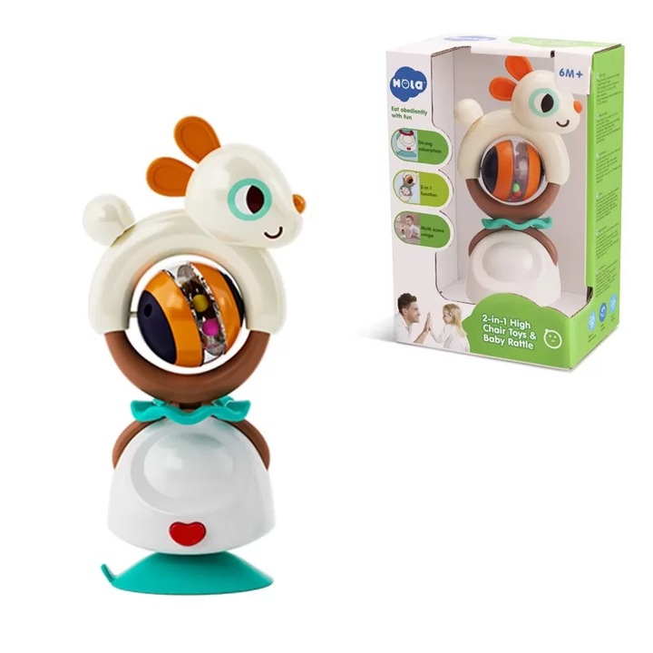 Babajáték tapadókoronggal és csörgő nyúllal