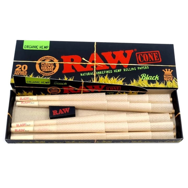 Conuri pre-rulate din canepa organica, subtiri, RAW Black Organic King Size 110mm - umplere usoara, x20