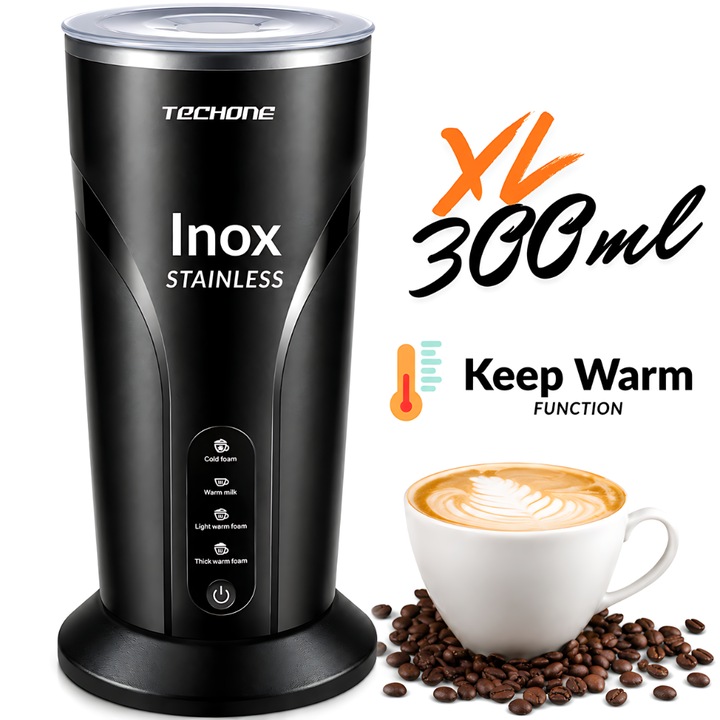 Aparat Spuma Lapte 4 in 1 Techone® Milky Froth, 500W, Spumare Cald si Rece, Ideal pentru Latte, Ciocolata, Cappuccino, Frappe, Functie Incalzire, Keep Warm si Control Temperatura, 300 ml