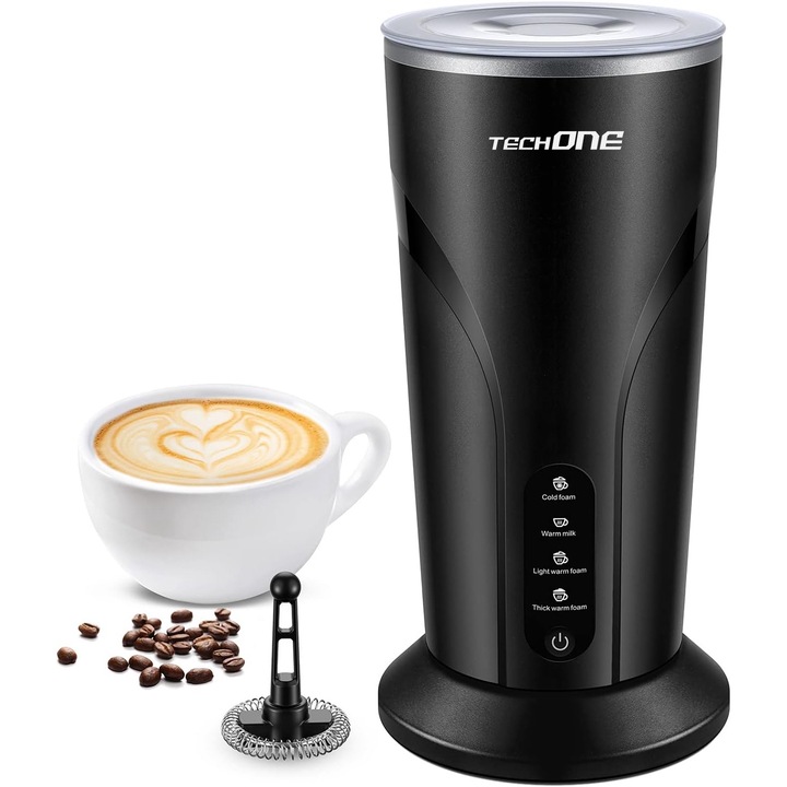 Пенообразовател за мляко 4 в 1 Techone® Milky Froth, 500 W, топла и студена пяна, идеален за лате, шоколад, капучино, фрапе, функция за нагряване, поддържане на топлината и контрол на температурата, 300 ml