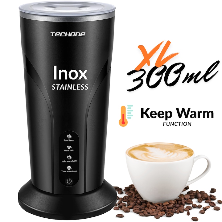 Aparat Spuma Lapte 4 in 1 Techone® Milky Froth, 500W, Spumare Cald si Rece, Ideal pentru Latte, Ciocolata, Cappuccino, Frappe, Functie Incalzire, Keep Warm si Control Temperatura, 300 ml