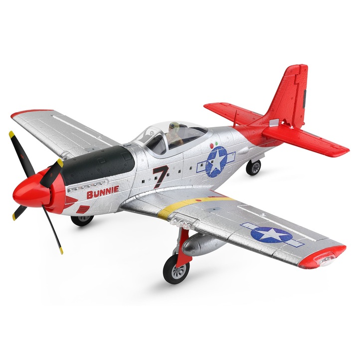 Avion RC cu telecomanda AMXFLIGHT P51, Gyroscop care stabilizeaza zborul, Lungime 49.5 cm, Anvergura 56 cm, 2.4Ghz, 4 canale, Flip 360, RTF, 14+