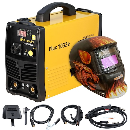 Aparat de sudura MIG-MAG ProWELD Flux 1032e, tip invertor, multifunctional, functiI FCAW MMA si TIG, amperaj 140A, masca cristale lichide model Flacari