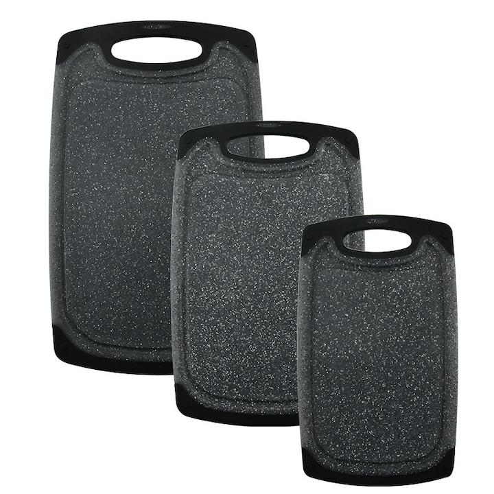 Set 3 Tocator de bucatarie, mat, textura tip granit cu margini de cauciuc, santuri anti-scurgere, inaltatoare, maner in 3 dimensiuni, Negru