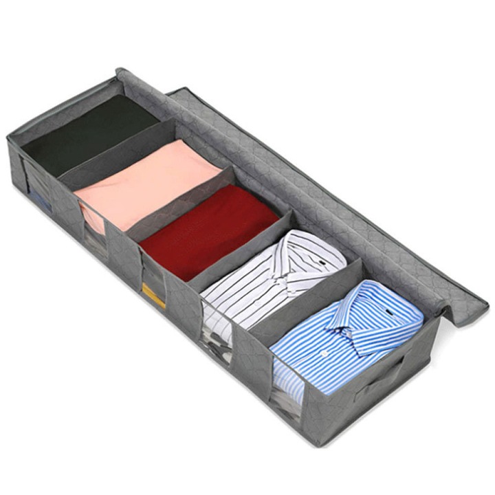 Cutie depozitare sub pat, cu fereastra transparenta, 5 compartimente, pliabila, gri, 97x33x15cm
