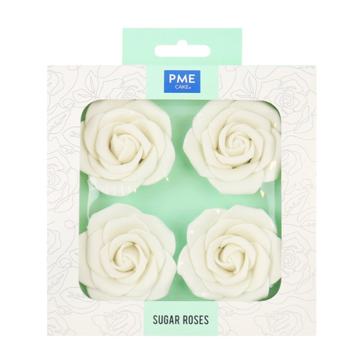 Set 4 trandafiri din pasta de zahar alb 6.2cm, PME