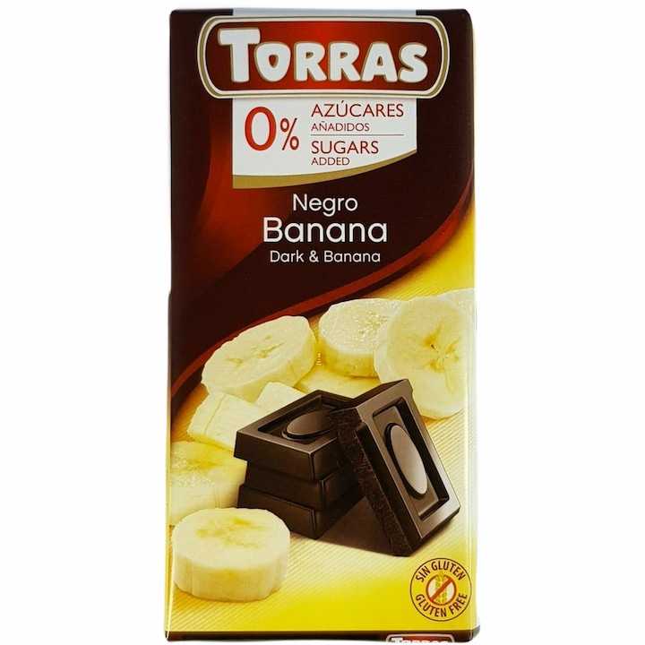 Ciocolata neagra 51% cacao, cu banana liofilizata, 0% zahar, fara gluten, fara lactoza, 75g, Chocolates Torras