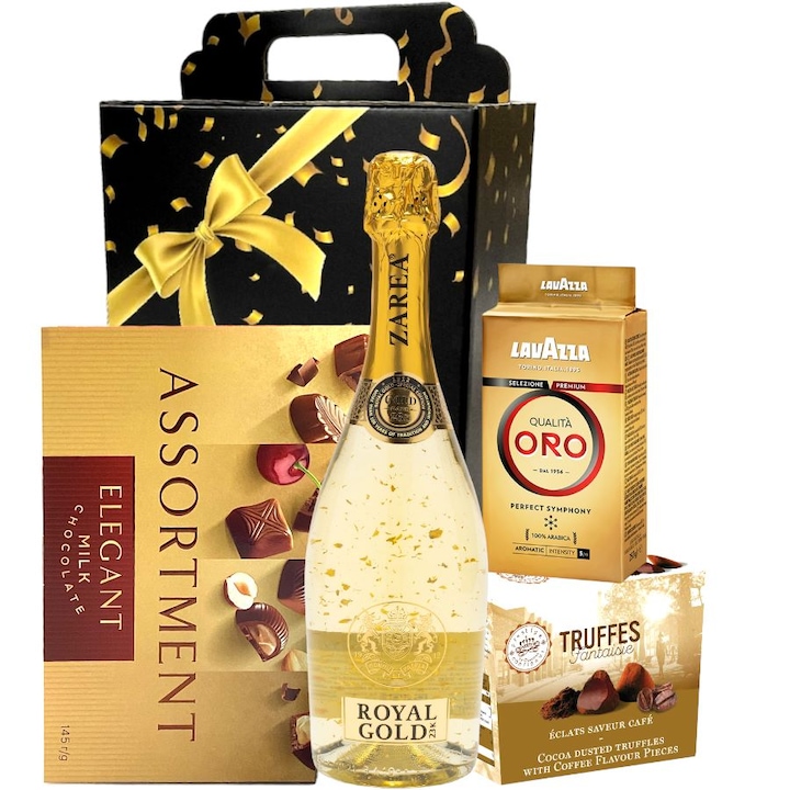 Pachet Cadou Zarea Royal Gold, CADOURI RAFINATE, model Festive Moments, cu Vin spumant cu foite de aur 23K, Cafea Lavazza ORO si Specialitati din ciocolata pentru ocazii festive, 5 Articole