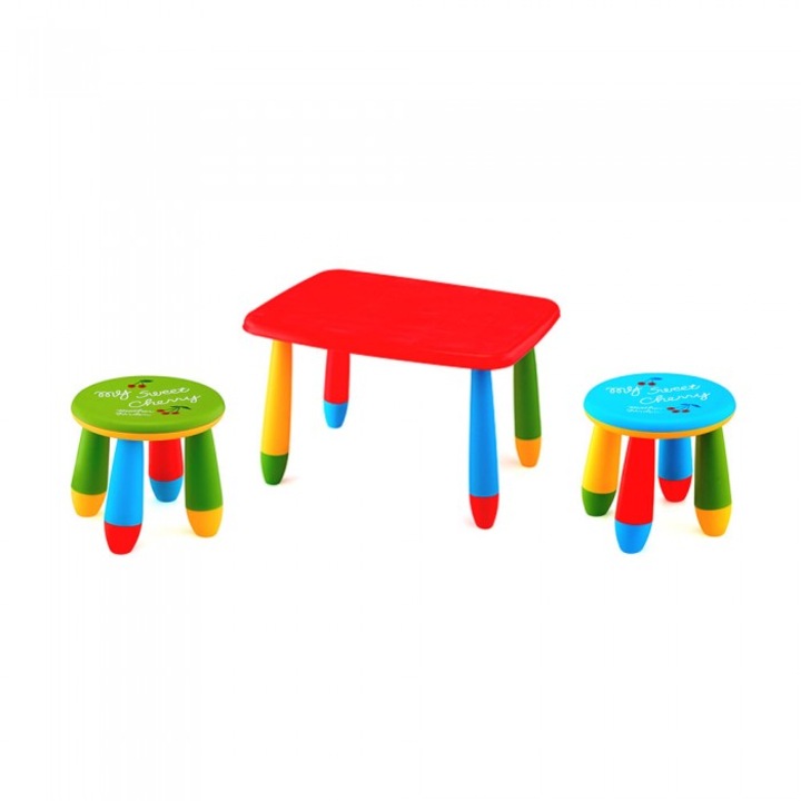 Set mobila copii masa MASHA dreptunghiulara 72,5x57cm culoare rosie cu 2 scaune GOGOASA verde albastru