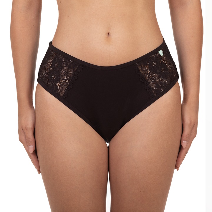 Chiloti menstruali reutilizabili FemiEko, model Bella din bumbac si canepa, cu dantela, stil taietura frantuzeasca, absorbtie ridicata, culoare negru, marimea M