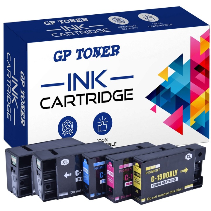 5 db tintapatron készlet, kompatibilis a Canon PGI-1500XLBK, PGI-1500XLC, PGI-1500XLM, PGI-1500XLY, GP TONER, CMYK 8300 oldallal