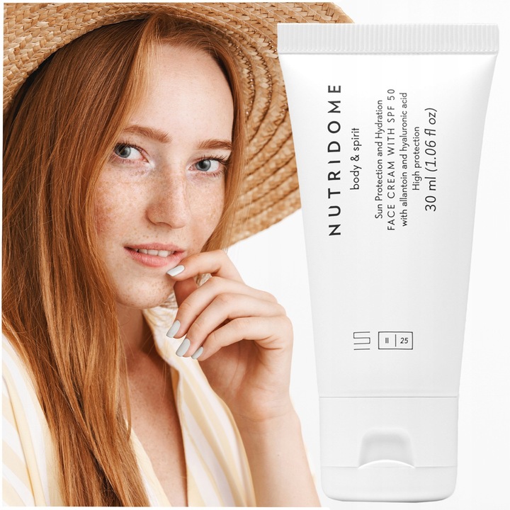 Arckrém SPF 50-nel, Nutridome, Magas Védelem, Hidratál és Sima Felületet Biztosít, Allantoinnal, Hialuronsavval és Kollagénnel, 30 ml