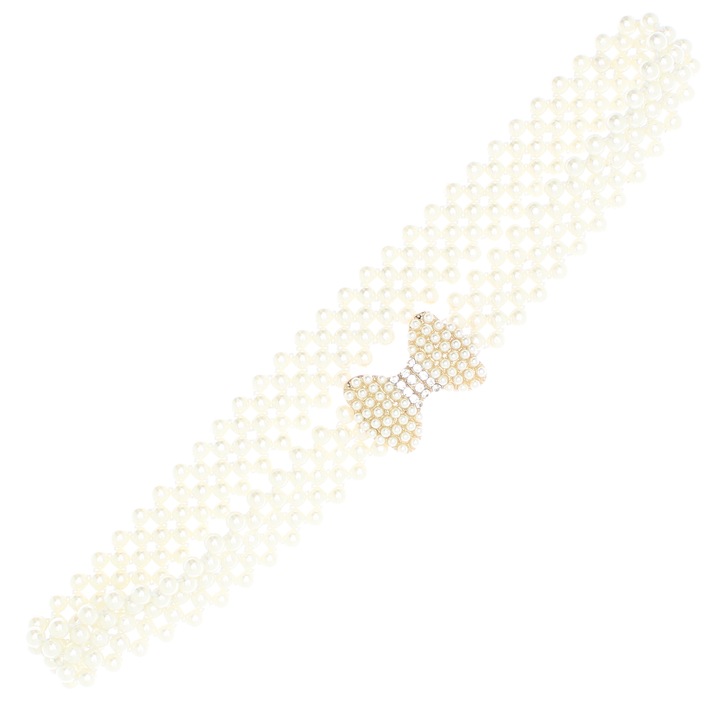 Еластичен колан, Бутикоше, пластмасови перли, 70 х 3 см, Панделка с перли и кристали, Злато - CRDD267