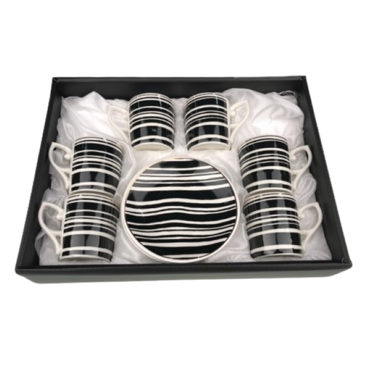 Set din ceramica pentru cafea/ceai, model dungi, 12 piese, 29X22cm, Alb-negru